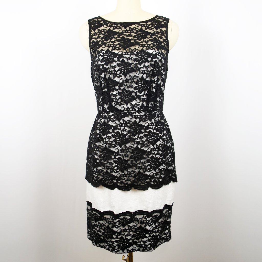 Nwt Taylor Sheath Dress Black White Mixed Media Lace Overlay Lined Size 8